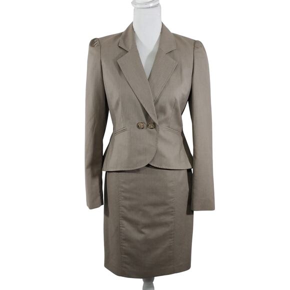 NINE WEST! SHADES OF BROWN, TAN MICRO-PLAID 2 PC SKIRT, JACKET SUIT! SZ 2 - Picture 2 of 12